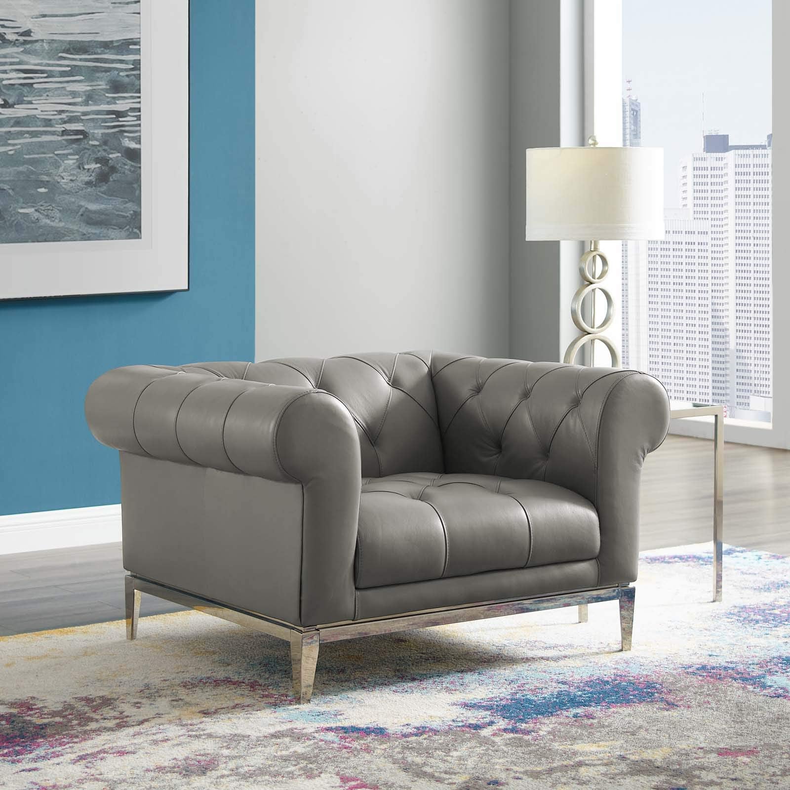 Modway Idyll Tufted Button Upholstered Leather Chesterfield Armchair, Gray